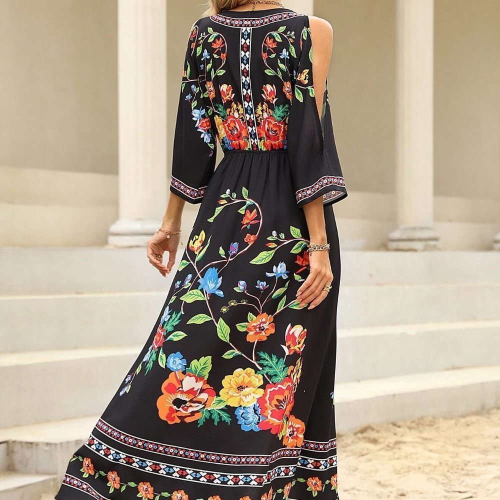 Black Boho Womens Floral Print Cold Shoulder Split Thigh Dress - Picture 2 of 5